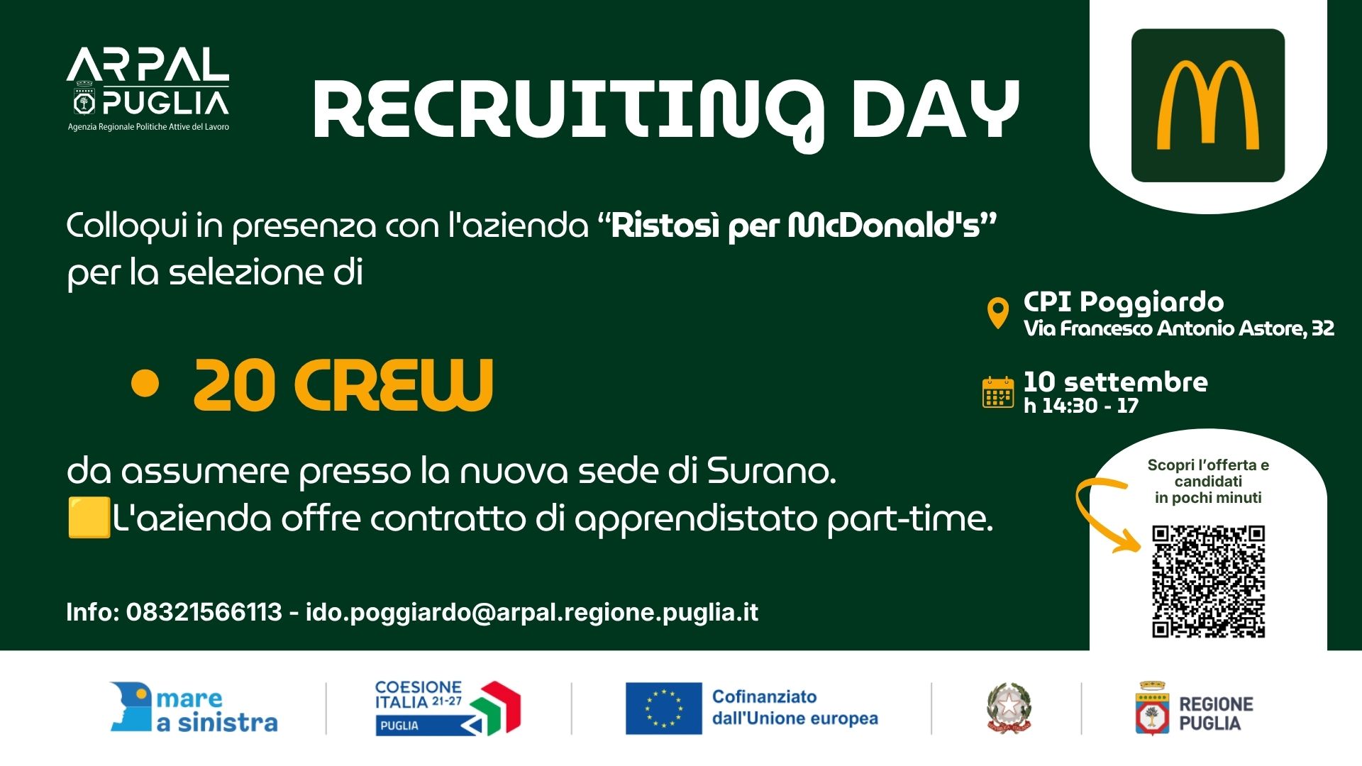 Nuove opportunità di lavoro nel Salento: il Centro per l'Impiego di Poggiardo seleziona 20 operatori per la nuova sede McDonald's a Surano